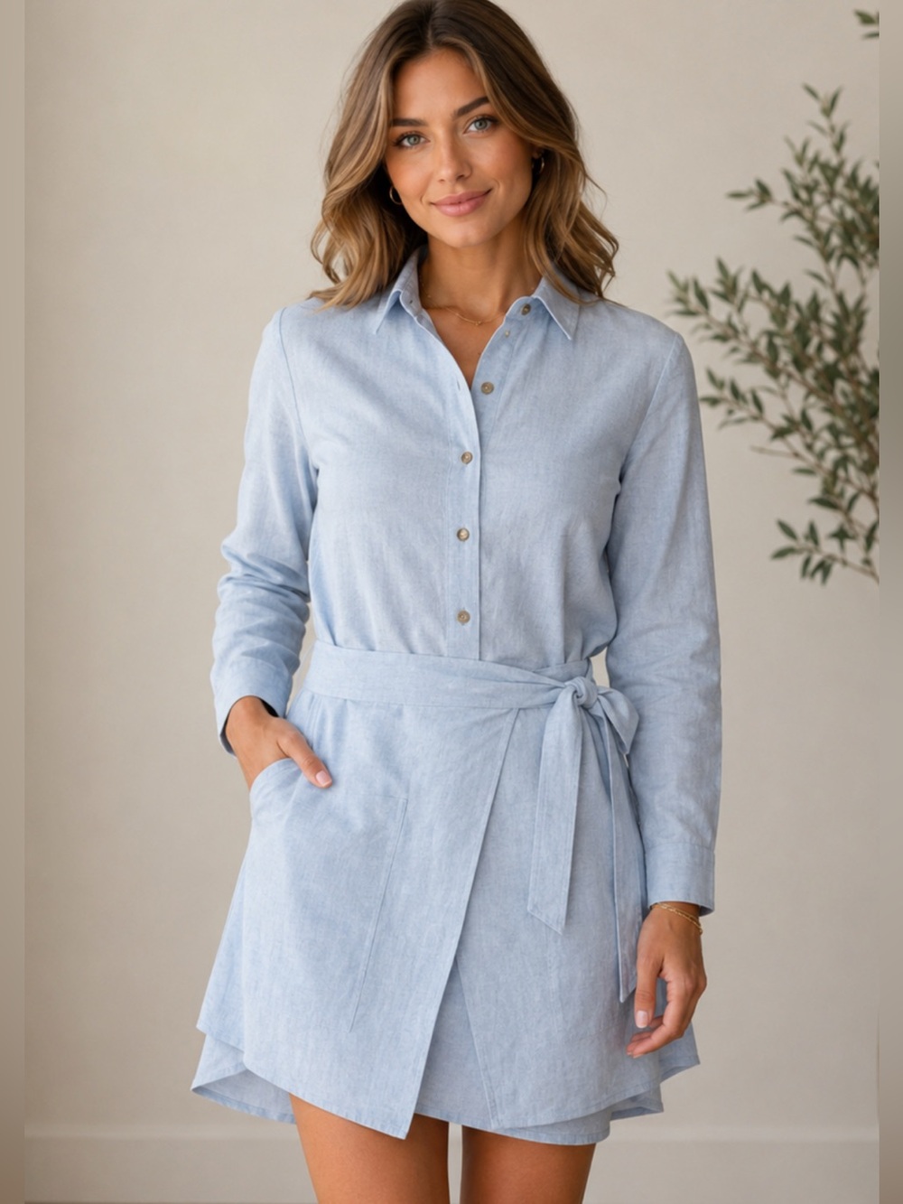 Halston Heritage Detachable Linen Wrap Skirt Dress in Chambray Size 2